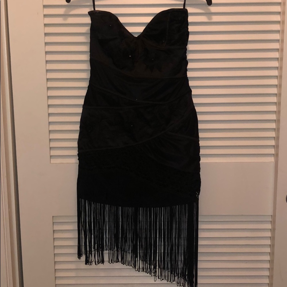 Rare Bebe Strapless Black Beaded Fringe Dress - XS